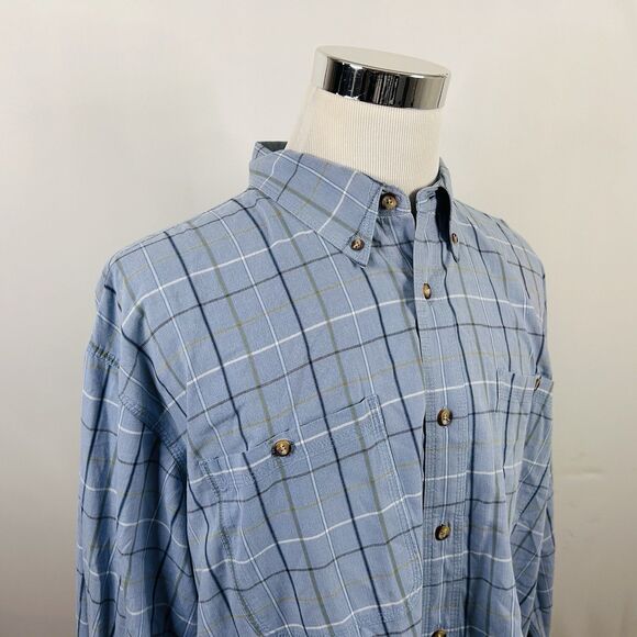 Cabelas 2XL Chambray Outdoor Shirt Blue Plaid Button Down 100% Cotton Casual - Picture 1 of 5